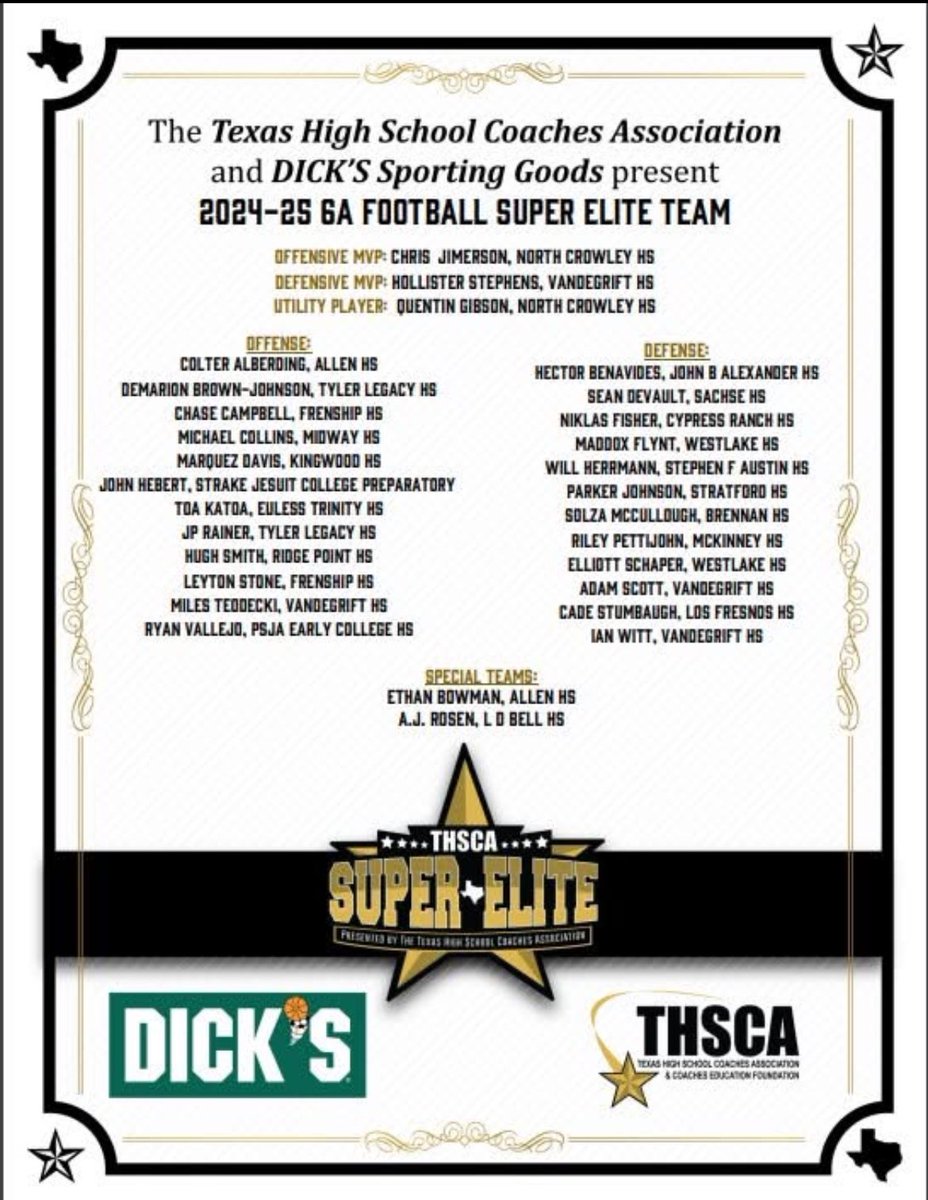 Congratulations <a href="/MCollins_76/">Michael Collins</a> for earning a spot on the <a href="/THSCAcoaches/">THSCA</a> Super Elite Team for Class 6A 🏈.