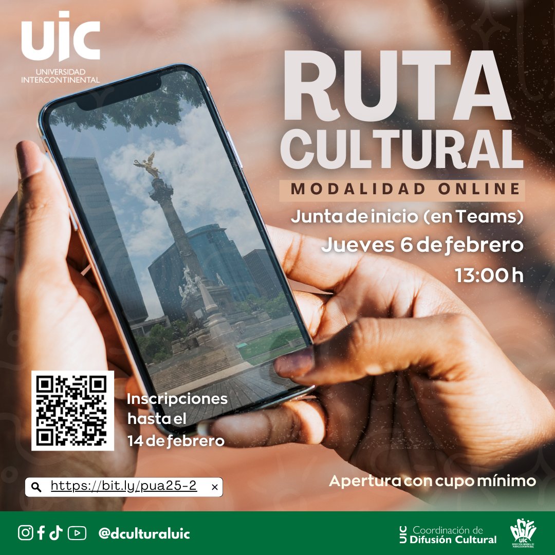 ¡Hoy inicia!
𝐑𝐔𝐓𝐀 𝐂𝐔𝐋𝐓𝐔𝐑𝐀𝐋
𝑶𝒏𝒍𝒊𝒏𝒆
Inicio en Teams 6 de febrero, 13h
Inscripciones hasta el 14 de febrero
Más detalles e inscripciones en
bit.ly/pua25-2
#RutaCultural
#PrácticasUniversitariasDeArteUIC
#CulturaUIC