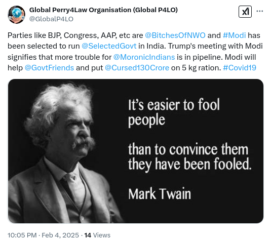 Moronic Morality (@moronsmorality) on Twitter photo Do not expect anything from BJP, Congress, AAP, etc. They are all <a href="/BitchesOfNWO/">NWO Bitches</a> put there by <a href="/NWOLords/">NWO Lords</a> to fool and rule you. Indians are <a href="/_SheepleHerd/">Sheeple Herd</a> that would be culled by using <a href="/MedicalGenocide/">Medical Genocide</a> like #Covid19. Trump and Modi are now planning more trouble for <a href="/MoronicIndians/">Moronic Indians</a>. Do not expect anything from BJP, Congress, AAP, etc. They are all <a href="/BitchesOfNWO/">NWO Bitches</a> put there by <a href="/NWOLords/">NWO Lords</a> to fool and rule you. Indians are <a href="/_SheepleHerd/">Sheeple Herd</a> that would be culled by using <a href="/MedicalGenocide/">Medical Genocide</a> like #Covid19. Trump and Modi are now planning more trouble for <a href="/MoronicIndians/">Moronic Indians</a>.