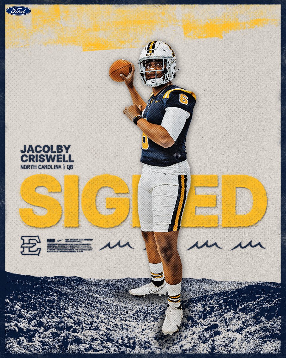 ETSU Football (@etsufootball) on Twitter photo <a href="/JacolbyCriswell/">Jacolby Criswell</a> π Johnson City π
π: QB
π΄ββ οΈ: Morrilton, AR
βοΈ: North Carolina
North Carolinaβs starting QB in 2024 has arrived in Johnson City after throwing for nearly 2,500 yards and 15 touchdowns last fall for the Tar Heels.
#GoBucs | #NSD25 <a href="/JacolbyCriswell/">Jacolby Criswell</a> π Johnson City π
π: QB
π΄ββ οΈ: Morrilton, AR
βοΈ: North Carolina
North Carolinaβs starting QB in 2024 has arrived in Johnson City after throwing for nearly 2,500 yards and 15 touchdowns last fall for the Tar Heels.
#GoBucs | #NSD25