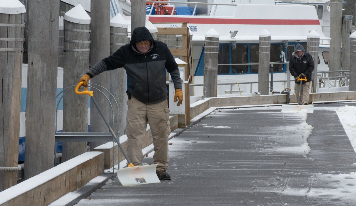 Steve Heaslip (@cctphoto) on Twitter photo HyLine workers Alan LeFavour, left, and Raymond Forand set to work in a steady rain clearing off an inch of slush from the docks by their ticket office along the Ocean Street Docks in Hyannis. <a href="/capecodtimes/">Cape Cod Times</a> HyLine workers Alan LeFavour, left, and Raymond Forand set to work in a steady rain clearing off an inch of slush from the docks by their ticket office along the Ocean Street Docks in Hyannis. <a href="/capecodtimes/">Cape Cod Times</a>