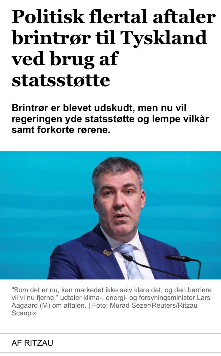 Ulrich Bang (@ulrichbang) on Twitter photo Endelig. Og stort tillykke til <a href="/regeringDK/">Regeringen</a> <a href="/KonservativeDK/">Det Konservative Folkeparti</a> <a href="/SFpolitik/">SF</a> <a href="/radikale/">Radikale Venstre</a> <a href="/Enhedslisten/">Enhedslisten</a> <a href="/alternativet_/">Alternativet</a> med en god aftale. Nu kan #dkbiz og #dkgreen komme i gang med at omdanne grøn strøm 💚🔌 til grøn brint. 👏👏👏
via.ritzau.dk/pressemeddelel… Endelig. Og stort tillykke til <a href="/regeringDK/">Regeringen</a> <a href="/KonservativeDK/">Det Konservative Folkeparti</a> <a href="/SFpolitik/">SF</a> <a href="/radikale/">Radikale Venstre</a> <a href="/Enhedslisten/">Enhedslisten</a> <a href="/alternativet_/">Alternativet</a> med en god aftale. Nu kan #dkbiz og #dkgreen komme i gang med at omdanne grøn strøm 💚🔌 til grøn brint. 👏👏👏
via.ritzau.dk/pressemeddelel…