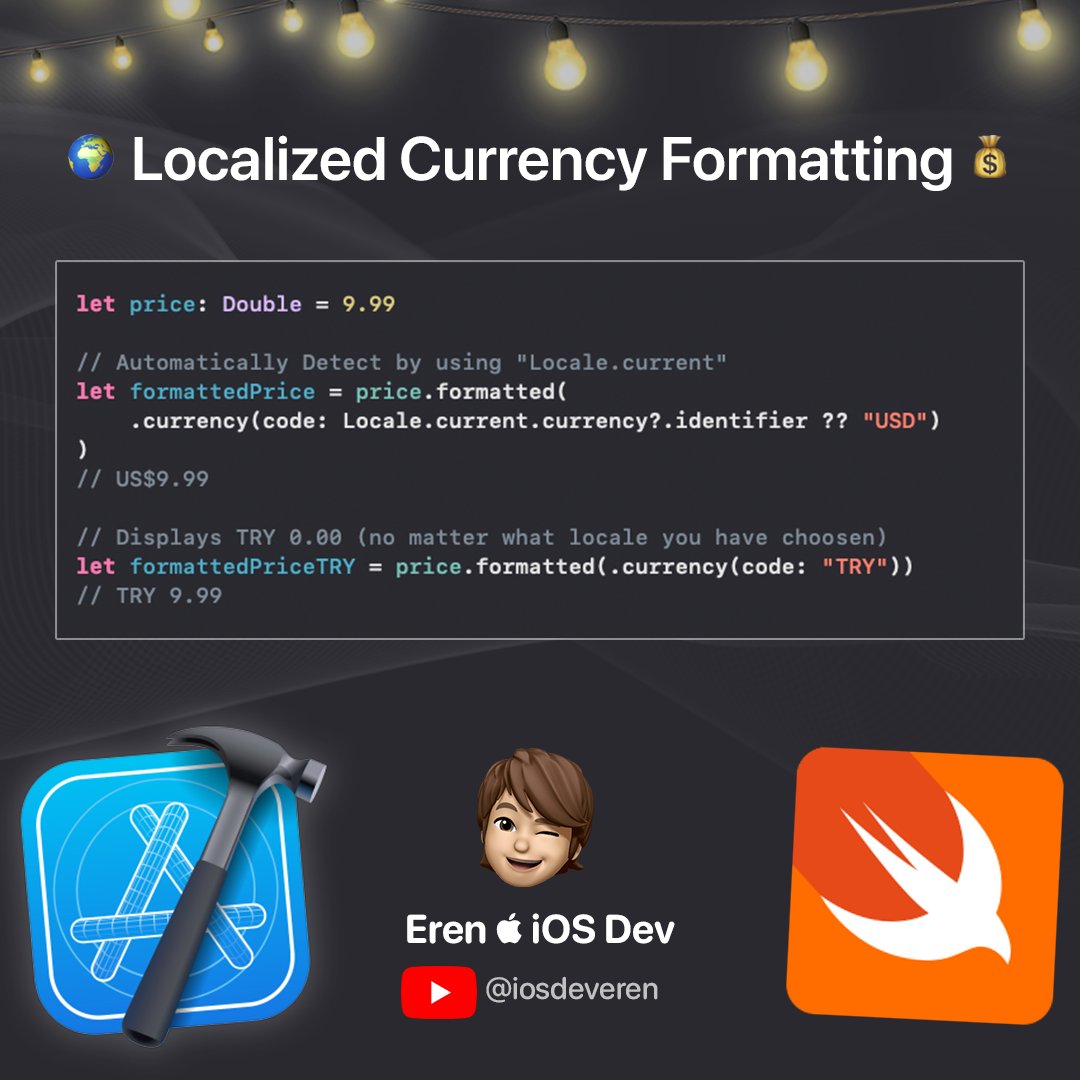 iosdeveren's tweet image. I'm sure many iOS devs don’t know about this
🚀 Localized Currency Formatting 🌍
Stop manually formatting prices! Swift auto-adjusts currency, symbols & separators based on user locale.
💵 US → $9.99
💶 Germany → 9,99 €
🔴Make sure to subscribe to my YouTube channel! 🤩