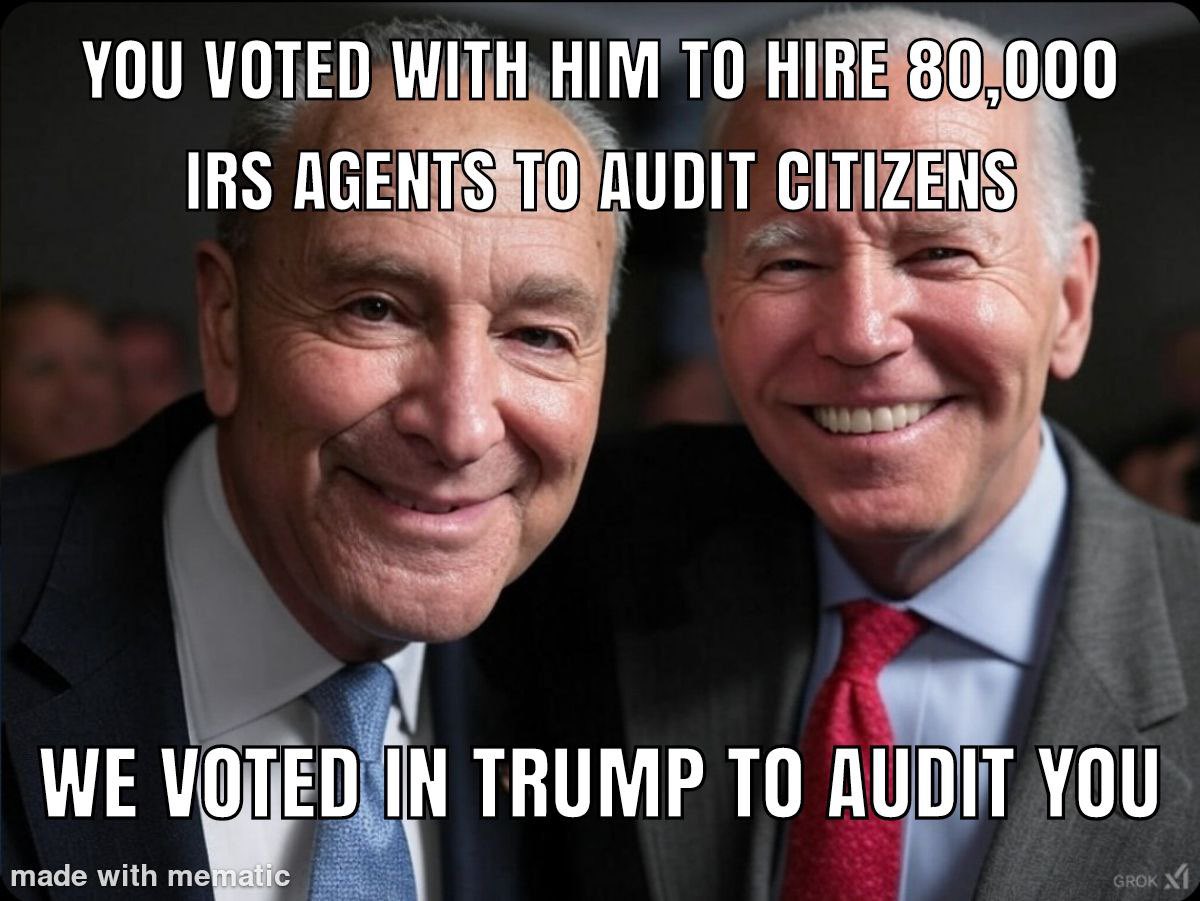CRRJA5's tweet image. YOU VOTED WITH HIM TO HIRE 80,000 IRS AGENTS TO AUDIT CITIZENS .

🔥WE VOTED IN TRUMP 
TO AUDIT YOU.

ARE YOU WITH ME?