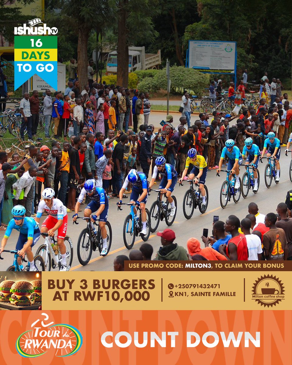ISHUSHOTV's tweet image. #cycling: Iminsi 16 niyo isigaye kugira ngo isiganwa ku magare rizenguruka igihugu « Tour du Rwanda » ya 2025 rikinwe ku nshuro ya 17. 

Iri siganwa rizatangira tariki ya 23 Gashyantare kugeza kuya 2 Werurwe 2025.

#ishushotvsports #freshandfun #TourduRwanda
