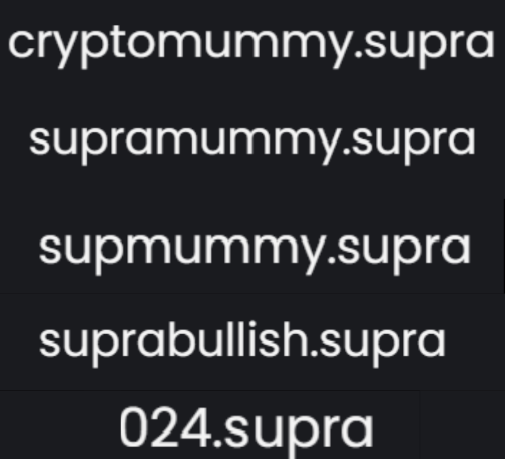 Cryptomummy5's tweet photo. What's Your Best SupraNS That You Own Right Now ?
My Favourite 5 are๐๐๐๐๐
#altcoin #altcoinseason2025 #altcoin #dApps #Crypto #CryptoCommunity #blockchain #layer1 #sup #Supra #ICP #Solana #SOL #Ethereum #BTC #sup #Suprans https://t.co/jqbeEfyTY5