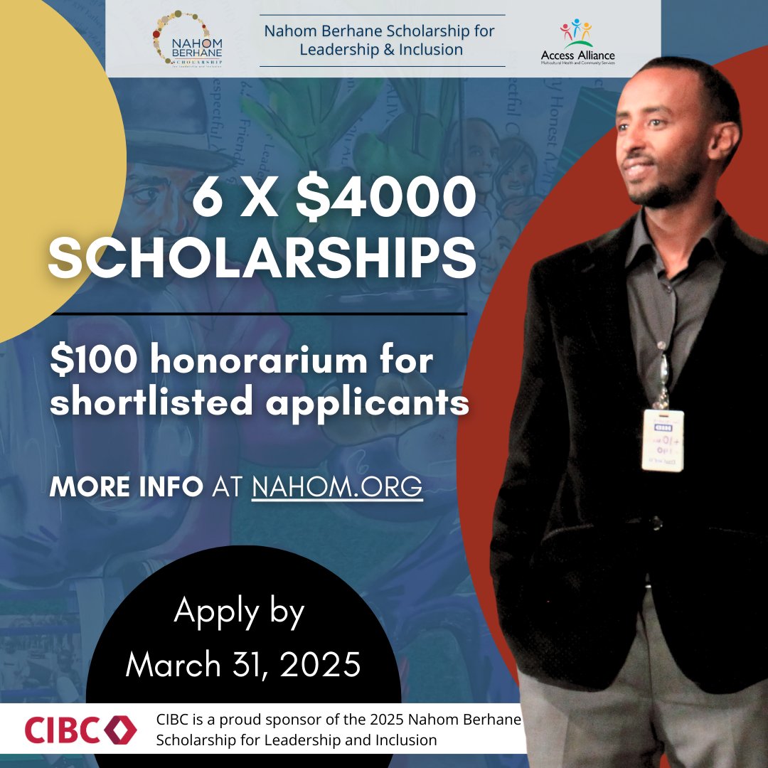 AccessAlliance's tweet photo. The Nahom Berhane Scholarship is NOW OPEN! 
Thanks to the generous support of @cibc  Foundation &amp; amazing individual donors, we're awarding 6 $4000 scholarships! If you're a community-minded student of African descent attending post-secondary, apply now: https://t.co/2dk2Iu2ZqJ https://t.co/VtChubAp5Z
