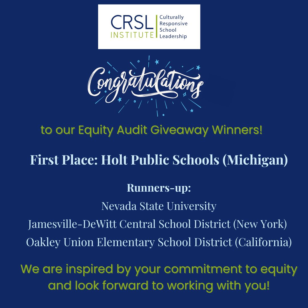 CRSL Institute (@crsl_institute) on Twitter photo Congrats to our winners <a href="/HoltPublicSch/">Holt Public Schools</a>, <a href="/NevadaStateU/">Nevada State University</a>, Jamesville-Dewitt, & Oakley Union! Our 1st place winner will receive a free quantitative #EquityAudit & each runner-up will receive a 75% discount. We are inspired by your commitment to ensuring quality education for all! Congrats to our winners <a href="/HoltPublicSch/">Holt Public Schools</a>, <a href="/NevadaStateU/">Nevada State University</a>, Jamesville-Dewitt, & Oakley Union! Our 1st place winner will receive a free quantitative #EquityAudit & each runner-up will receive a 75% discount. We are inspired by your commitment to ensuring quality education for all!