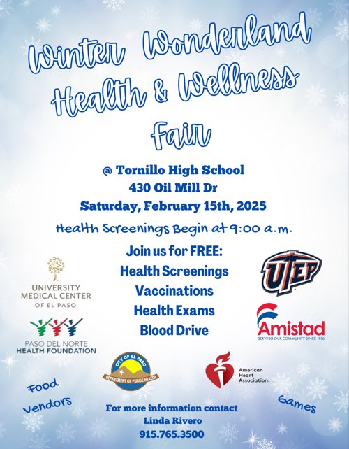 Rosy Vega-Barrio (@rvegab_tisd) on Twitter photo Tornillo Learning Community, the annual TISD Health & Wellness Fair is Feb.15th. Make plans to attend. List of free health services, information, and goodies! #TISDProud <a href="/TornilloISD/">Tornillo I.S.D.</a> <a href="/TISDHealthyPack/">Tornillo ISD Wellness</a> Tornillo Learning Community, the annual TISD Health & Wellness Fair is Feb.15th. Make plans to attend. List of free health services, information, and goodies! #TISDProud <a href="/TornilloISD/">Tornillo I.S.D.</a> <a href="/TISDHealthyPack/">Tornillo ISD Wellness</a>