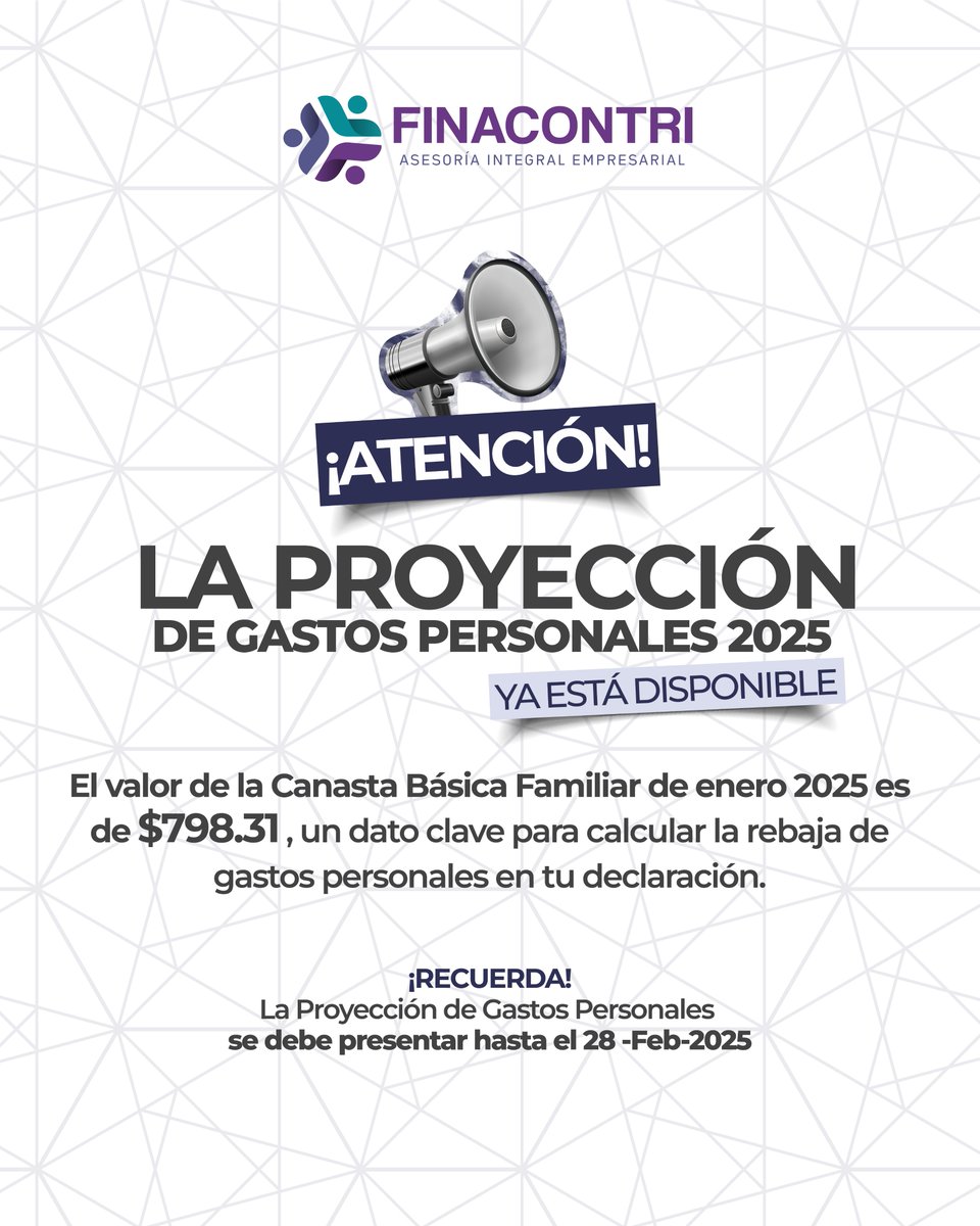 finacontri's tweet photo. El valor de la Canasta Básica Familiar de enero 2025 es de $798.31.

💡 Planifica bien y ahorra más : Incluye tus gastos en salud, educación, vivienda, alimentación y vestimenta para acceder a una reducción fiscal dentro del límite permitido .

✅No dejes pasar este beneficio. https://t.co/MBGy7VXpnD