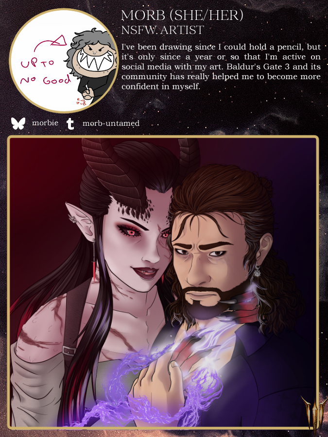 lastlightinn's tweet photo. 💜Echoes of  Devotion - Contributor Spotlight💜

We're so happy to be working with morbie on 🦋for this project as one of our NSFW artist!

#bg3 https://t.co/SQhndxpXtO