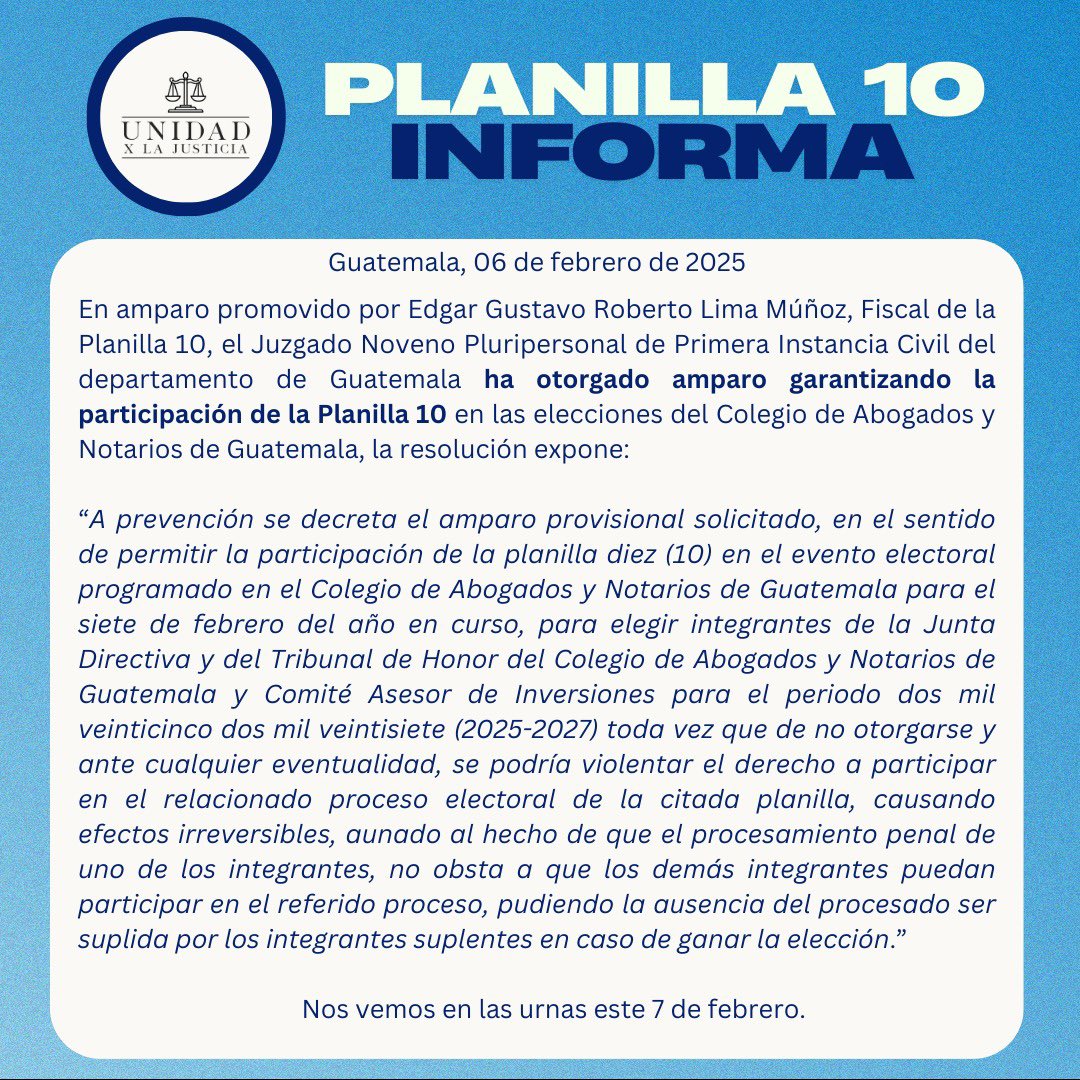 foppaguate's tweet photo. Por si quedaba alguna duda, la planilla 10 ha obtenido un AMPARO PROVISIONAL, que asegura su participación en la contienda del CANG.
#Planilla10
#CANG
#UxJ https://t.co/aAWiyYvf4R