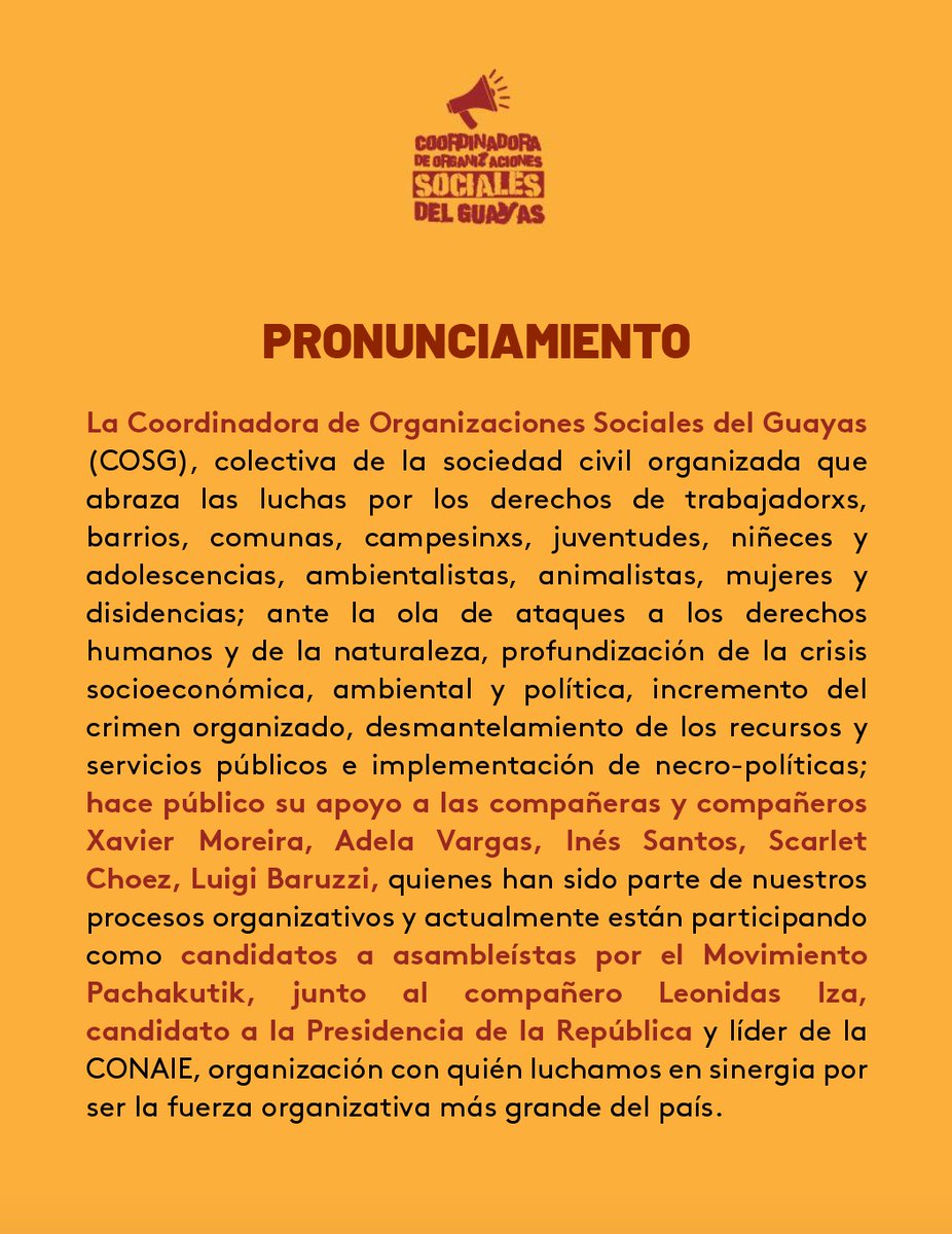 CoordinadoraG's tweet photo. #Pronunciamiento Organizaciones sociales del Guayas respaldan la candidatura de @LeonidasIzaEc y a sus candidaturas de asambleistas provinciales en #Guayas 

- Xavier Moreira
-Adela Vargas
-Ines Santos
-Luigi Baruzzi
-Scarlet Choez https://t.co/HyAJWx0d4g