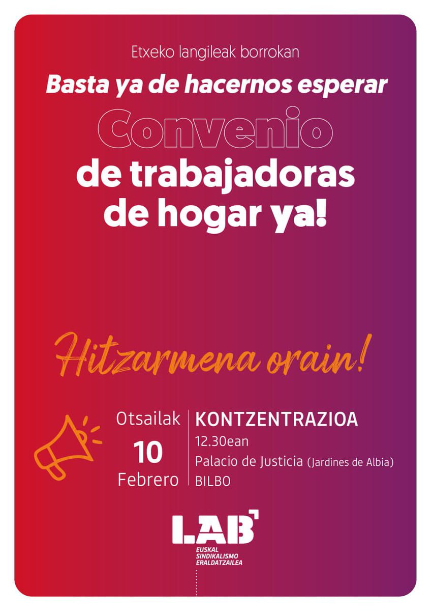 Las trabajadoras de Hogar volvemos a las calles, esta vez,  queremos visibilizar las condiciones precarias  en las que tantas seguimos  trabajando y todo por  la negativa de las entidades involucradas en negociar  un Convenio propio.  
Etxeko Langileak Borrokan. Hitzarmena orain!