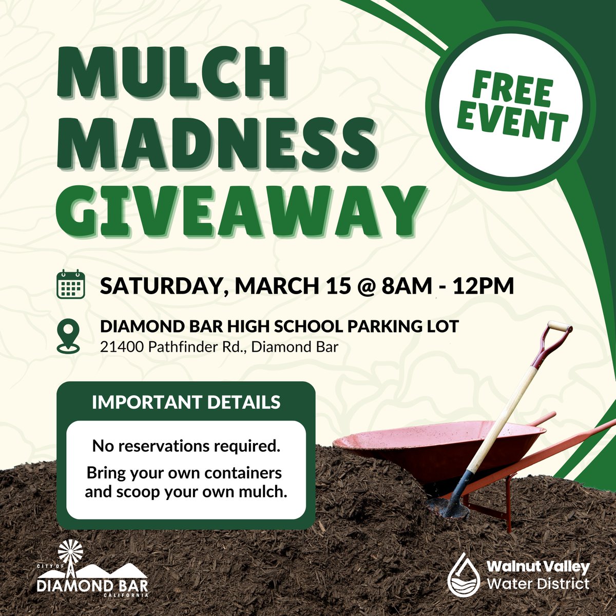 Mulch Madness is back! 🌱Bring your containers and grab FREE mulch on March 15th! Let mulch help control weeds and keep your plants thriving. No reservations required! 
#MulchMadness #TapIntoWVWD