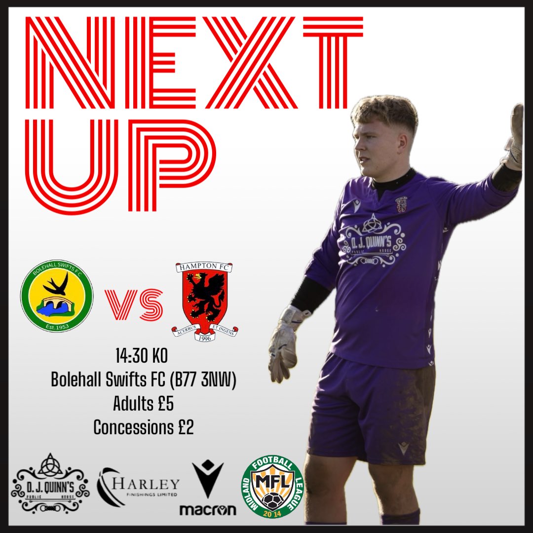 NEXT UP |

This weekend we travel to <a href="/SwiftsBolehall/">Bolehall Swifts</a> in our latest <a href="/MidlandLeague/">Capelli Sport Midland Football League</a> fixture. 

#HFC