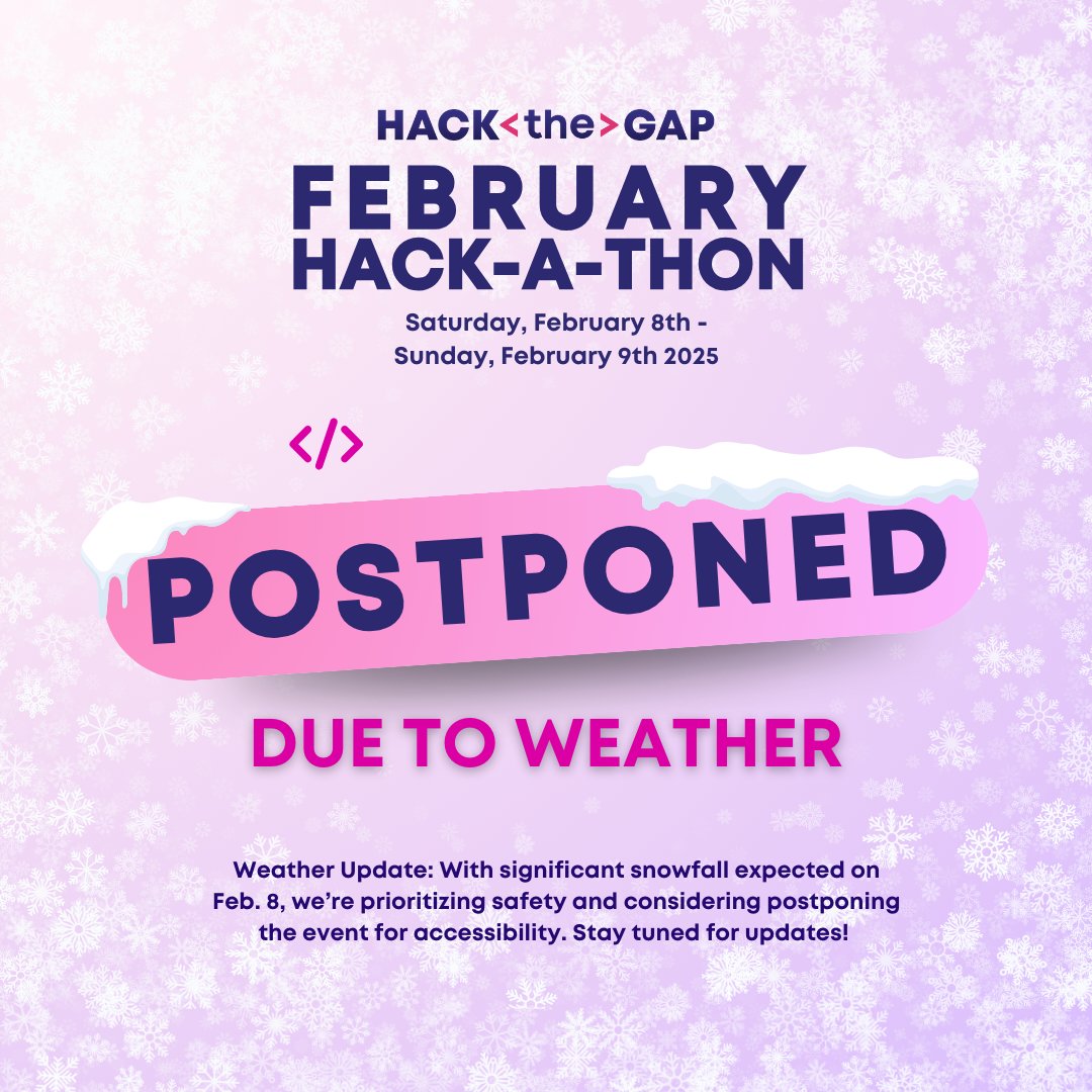 HackTheGap's tweet image. With heavy snow expected on Feb 8, we’re moving the Hackathon to Feb 22-23 to keep everyone safe. 
Same great event, new date. Already registered? Your ticket is still good! Can’t make it? Release it on Eventbrite so someone else can join the fun!