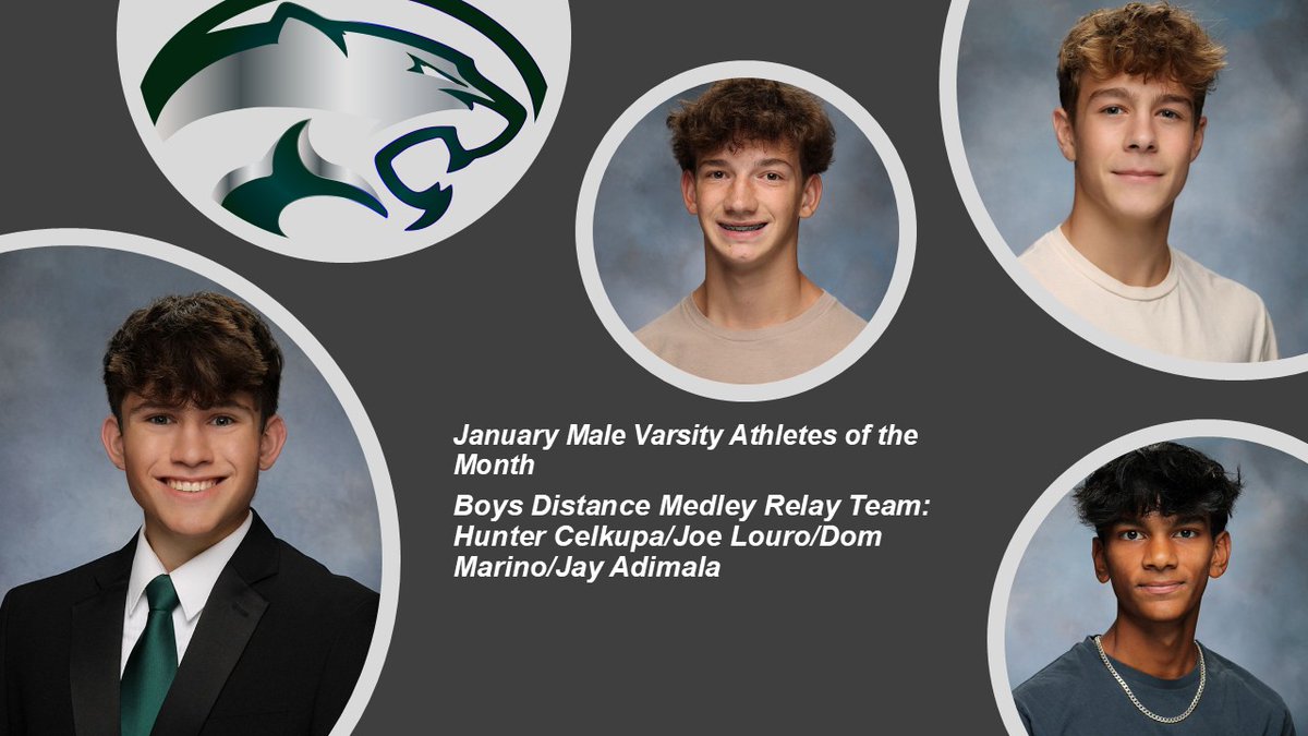 Congratulations to our January Male Varsity Athletes of the Month: The US #1 Distance Medley Relay team of Hunter Celkupa/Joe Louro/Dom Marino/Jay Adimala! #CougarPride #CNHSSports