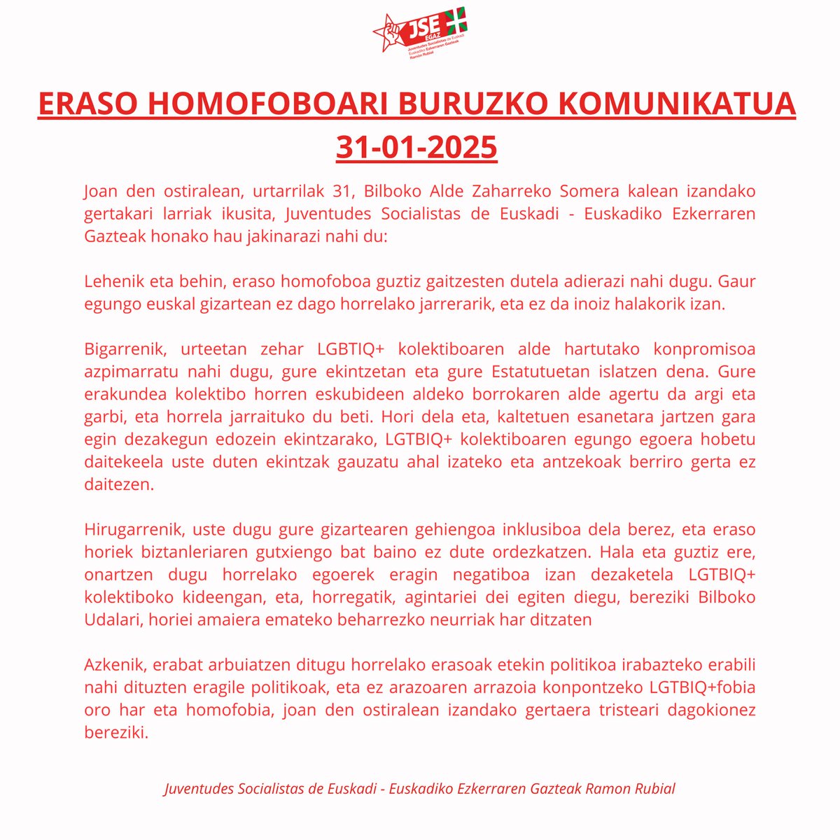 JSE_Egaz's tweet photo. ‼️COMUNICADO SOBRE AGRESIÓN HOMÓFOBA - ERASO HOMOFOBOARI BURUZKO KOMUNIKATUA ‼️ https://t.co/DXubwO2H1X