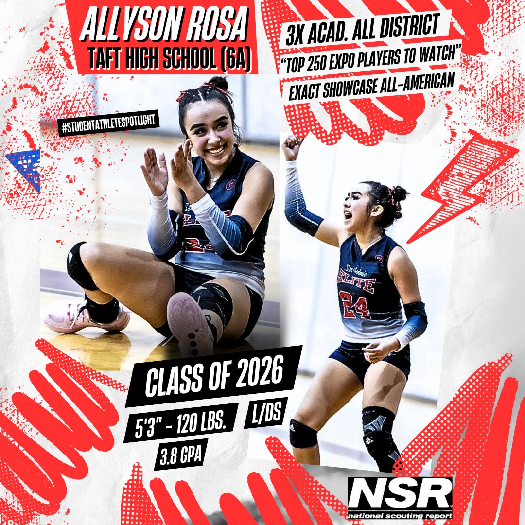 NSR Texas (South & Central Texas) (@satxrecruiting) on Twitter photo 📋🏐COACHES! This elite 2026 L/DS is a MUST add to your board through this club season!👇
👉 Allyson Rosa (IG: allyrosavolleyball2026)
🏫 Taft High School (6A)
🏐 CLUB: SA Elite 171
🏆 Exact Showcase All-American
🎖 3X Academic All District
📹 VIDEO: evo.nsr-inc.com/23/Allyson.Ros… 📋🏐COACHES! This elite 2026 L/DS is a MUST add to your board through this club season!👇
👉 Allyson Rosa (IG: allyrosavolleyball2026)
🏫 Taft High School (6A)
🏐 CLUB: SA Elite 171
🏆 Exact Showcase All-American
🎖 3X Academic All District
📹 VIDEO: evo.nsr-inc.com/23/Allyson.Ros…