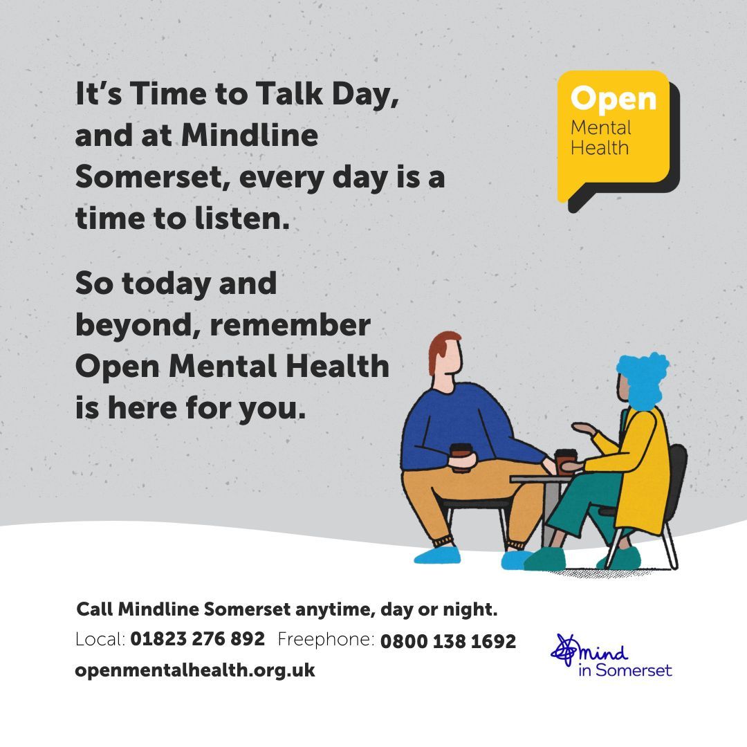 It’s #TimetoTalk Day, and at Mindline Somerset, every day is a time to listen. So today and beyond, remember Open Mental Health is here for you. 

You can call Mindline #Somerset any time of the day locally on 01823 276892 or freephone 0800 138 1692.

openmentalhealth.org.uk