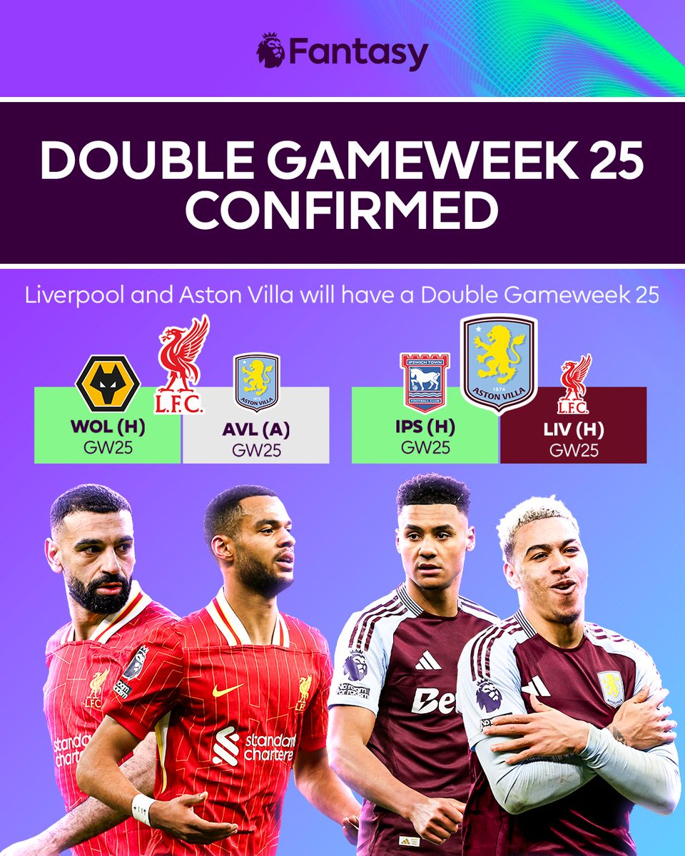 OfficialFPL's tweet photo. Double Gameweek 25 is on โ
#FPL https://t.co/ZO4W1tQvDW