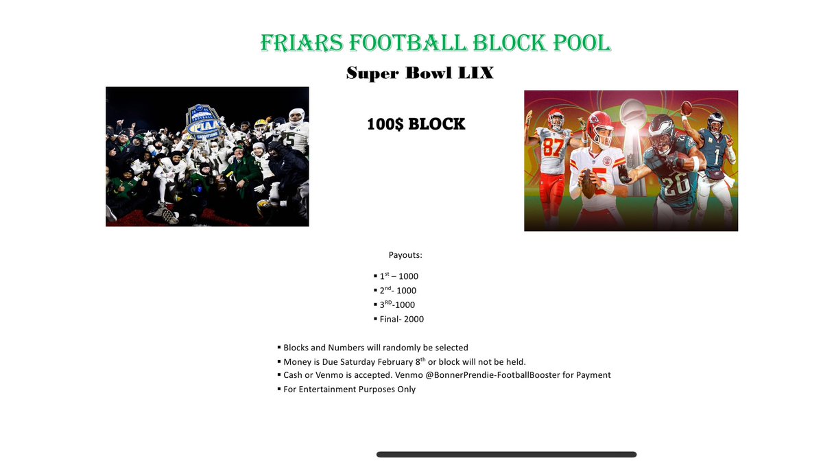 Kyle Muldoon (@kpm1192) on Twitter photo Still a few blocks left for Friars football super bowl block pool! Come get them! Still a few blocks left for Friars football super bowl block pool! Come get them!