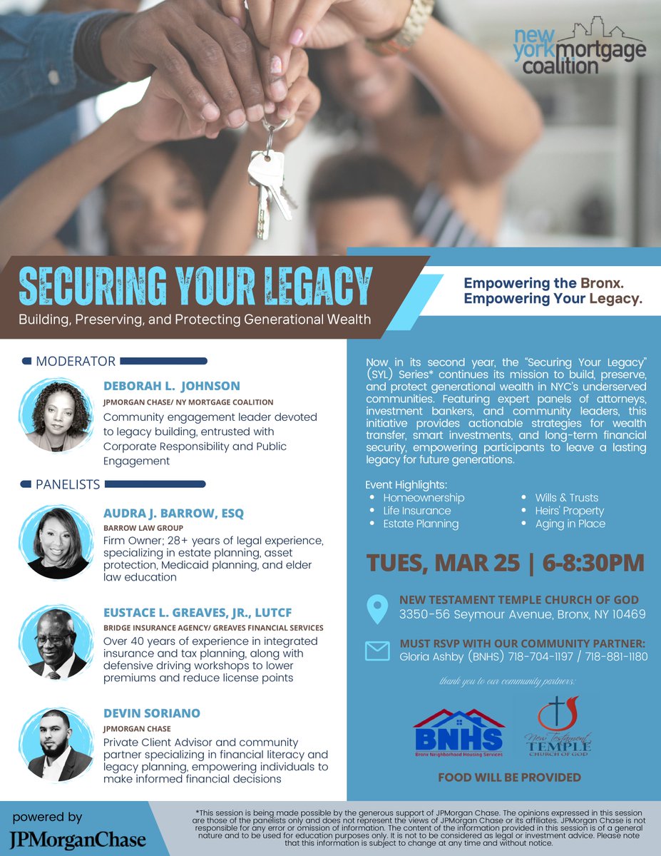 Join us on March 25 for our "Securing Your Legacy" event!  We're excited to host a panel of industry experts ready to share insights on protecting generational wealth in NYC's underserved communities. Don’t miss this opportunity!
RSVP w Gloria Ashby  718-704-1197 / 718-881-1180.