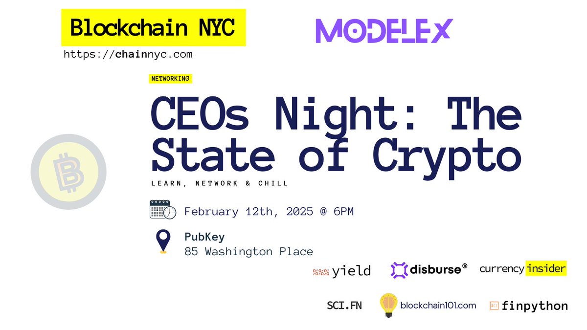 If you're in #NYC join us Feb 12 for Blockchain NYCs CEOs Night and meet and greet a bunch of folks at <a href="/PubKey_NYC/">PUBKEY NYC</a> 

Details: chainnyc.com #blockchainnyc