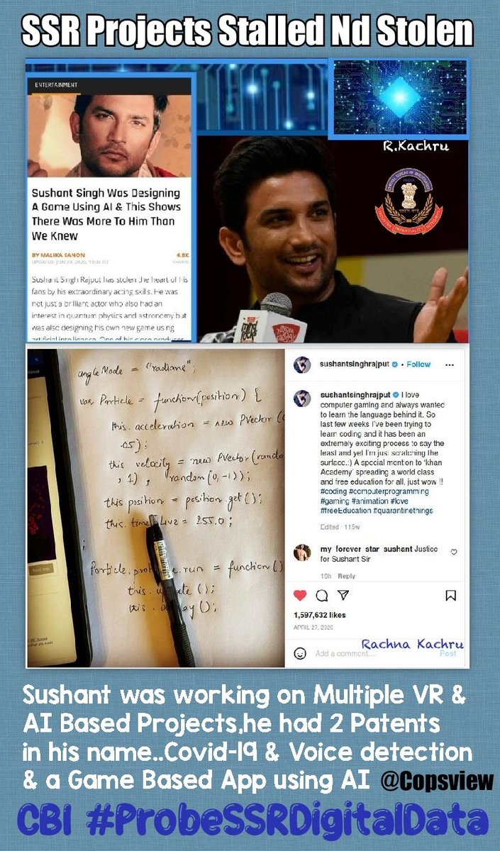 KachruRachna's tweet image. 🔱Har Har Mahadev🔱

Sushant was working on Multiple VR &amp;amp; AI Based Projects..had 2 Patents in his name..Covid-19 &amp;amp; Voice detection &amp;amp; A Game Based App using AI.He planned to use AI to Help The Poor in India🇮🇳
CBI #ProbeSSRDigitalData 👈🏼
@Copsview

TL~SSR Projects Stalled Nd Stolen
