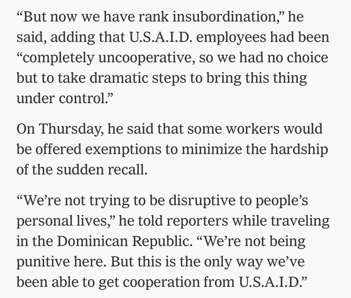 Craig Spencer MD MPH (@craig_a_spencer) on Twitter photo This by <a href="/SecRubio/">Secretary Marco Rubio</a> on USAID is frankly pure bullshit and incredibly disgusting.
I’ve spoken to MANY folks in USAID over the last week. And many just today.
There is no rank insubordination.
There is rank chaos, crying, and confusion.
People who’ve spent DECADES of their life This by <a href="/SecRubio/">Secretary Marco Rubio</a> on USAID is frankly pure bullshit and incredibly disgusting.
I’ve spoken to MANY folks in USAID over the last week. And many just today.
There is no rank insubordination.
There is rank chaos, crying, and confusion.
People who’ve spent DECADES of their life