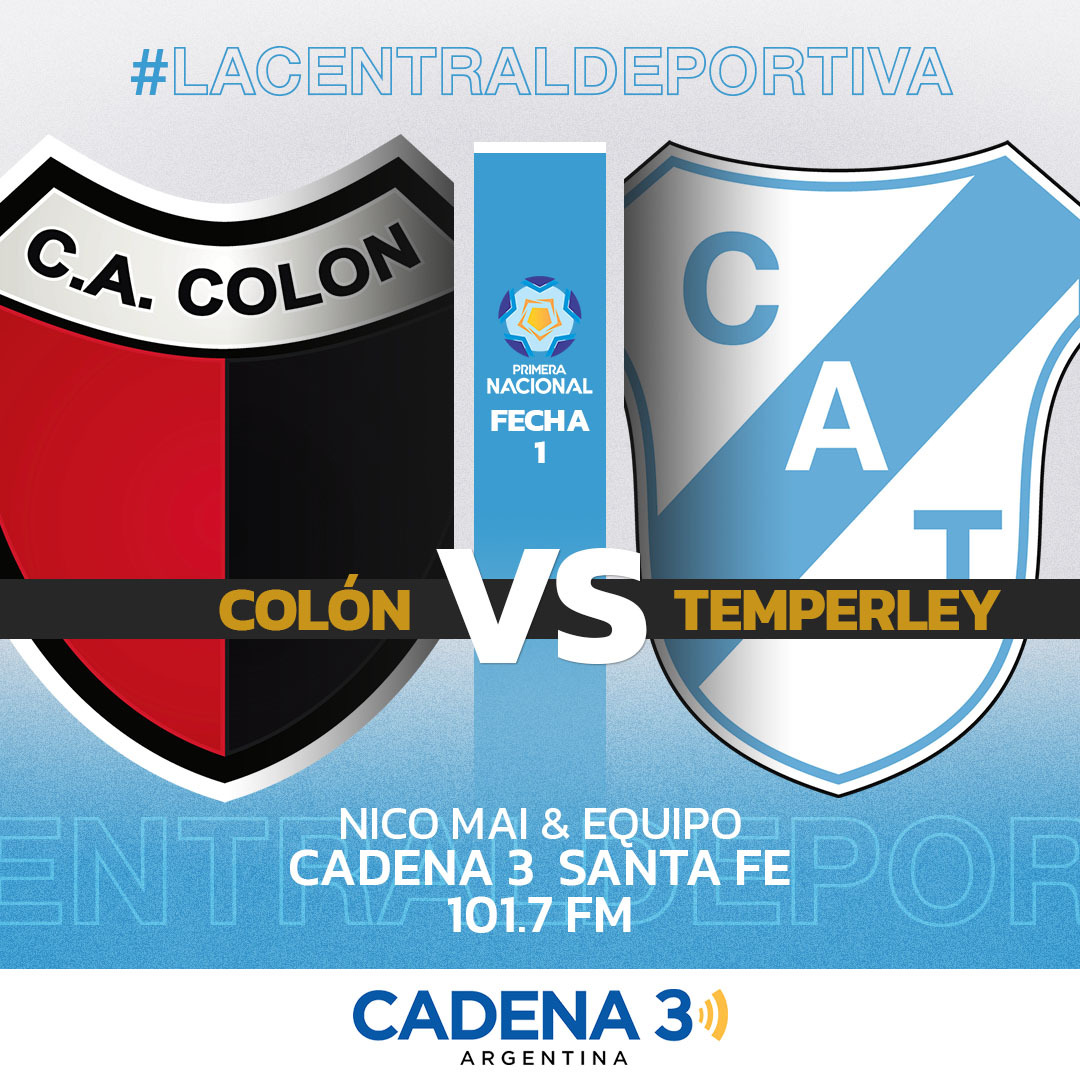 ⚽Ya vivís 🔴⚫ #Colón 🆚 🔵⚪ #Temperley por <a href="/Cadena3Com/">Cadena 3 Argentina</a> Santa Fe FM 101.7 y todo el equipo de <a href="/lacentrald_sf/">LA CENTRAL DEPORTIVA</a>
 
🔊Relatos: <a href="/NicoMai10/">Nicolás Mai</a>
🔉Comentarios: <a href="/EmilianoGuardia/">EMILIANO GUARDIA</a>
👕Vestuarios: <a href="/Agustinbaroni08/">Agustín Baroni</a> y <a href="/EmmanuelAleOK/">Emmanuel Ale</a>
📺Estudios Centrales: <a href="/marididerle/">Mariano Diderle</a>