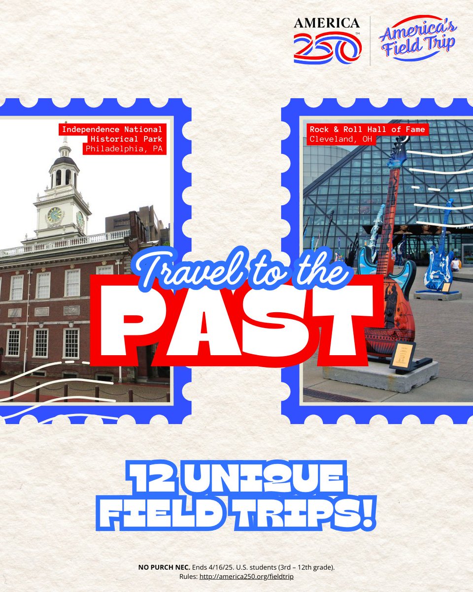U.S. Department of Education (@usedgov) on Twitter photo Are you the parent or educator of a student in grade 3-12?
Encourage them to submit their essay or artwork to <a href="/America250/">America250</a>’s #AmericasFieldTrip competition to win a 3-day, 2-night trip to a select historical or cultural site.
Learn more at america250.org/fieldtrip.
#America250 Are you the parent or educator of a student in grade 3-12?
Encourage them to submit their essay or artwork to <a href="/America250/">America250</a>’s #AmericasFieldTrip competition to win a 3-day, 2-night trip to a select historical or cultural site.
Learn more at america250.org/fieldtrip.
#America250