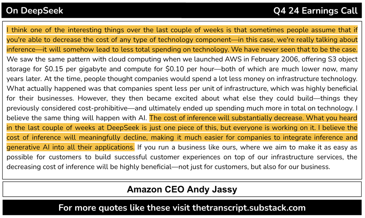 TheTranscript_'s tweet photo. $AMZN CEO on DeepSeek &amp; inference costs:

"The cost of inference will substantially decrease. What you heard in the last couple of weeks at DeepSeek is just one piece of this, but everyone is working on it" https://t.co/71ROYApTIT