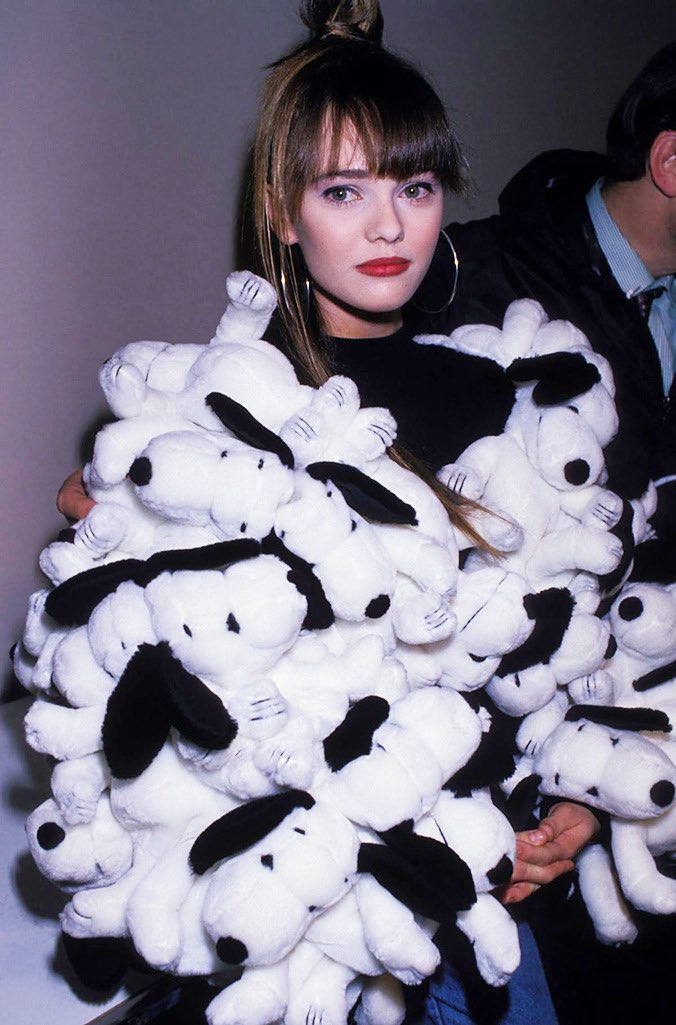 Vanessa Paradis wearing a Snoopy jacket for Jean Charles de Castelbajac (1989)