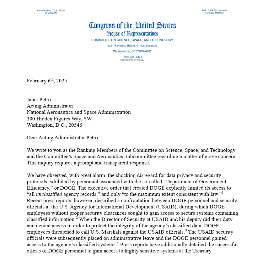 ValerieFoushee's tweet image. The CEO of SpaceX, Elon Musk, having access to confidential @NASA information is a security breach and conflict of interest.

As Ranking Member of the Space Subcommittee, I joined @RepZoeLofgren in asking NASA to clearly outline any current and future interactions with DOGE.