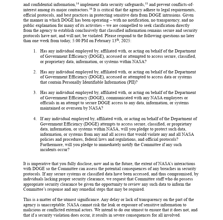 ValerieFoushee's tweet image. The CEO of SpaceX, Elon Musk, having access to confidential @NASA information is a security breach and conflict of interest.

As Ranking Member of the Space Subcommittee, I joined @RepZoeLofgren in asking NASA to clearly outline any current and future interactions with DOGE.