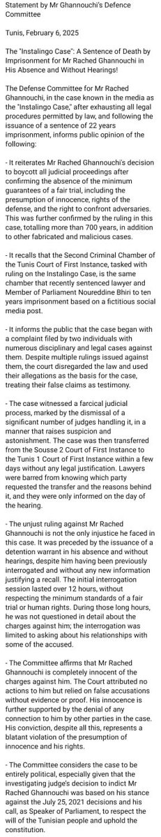 EnnahdhaParty's tweet photo. Statement by the Defense Committee of @R_Ghannouchi 
#FreeGhannouchi 
https://t.co/lnjXcXtWmD https://t.co/0hA1edqutp