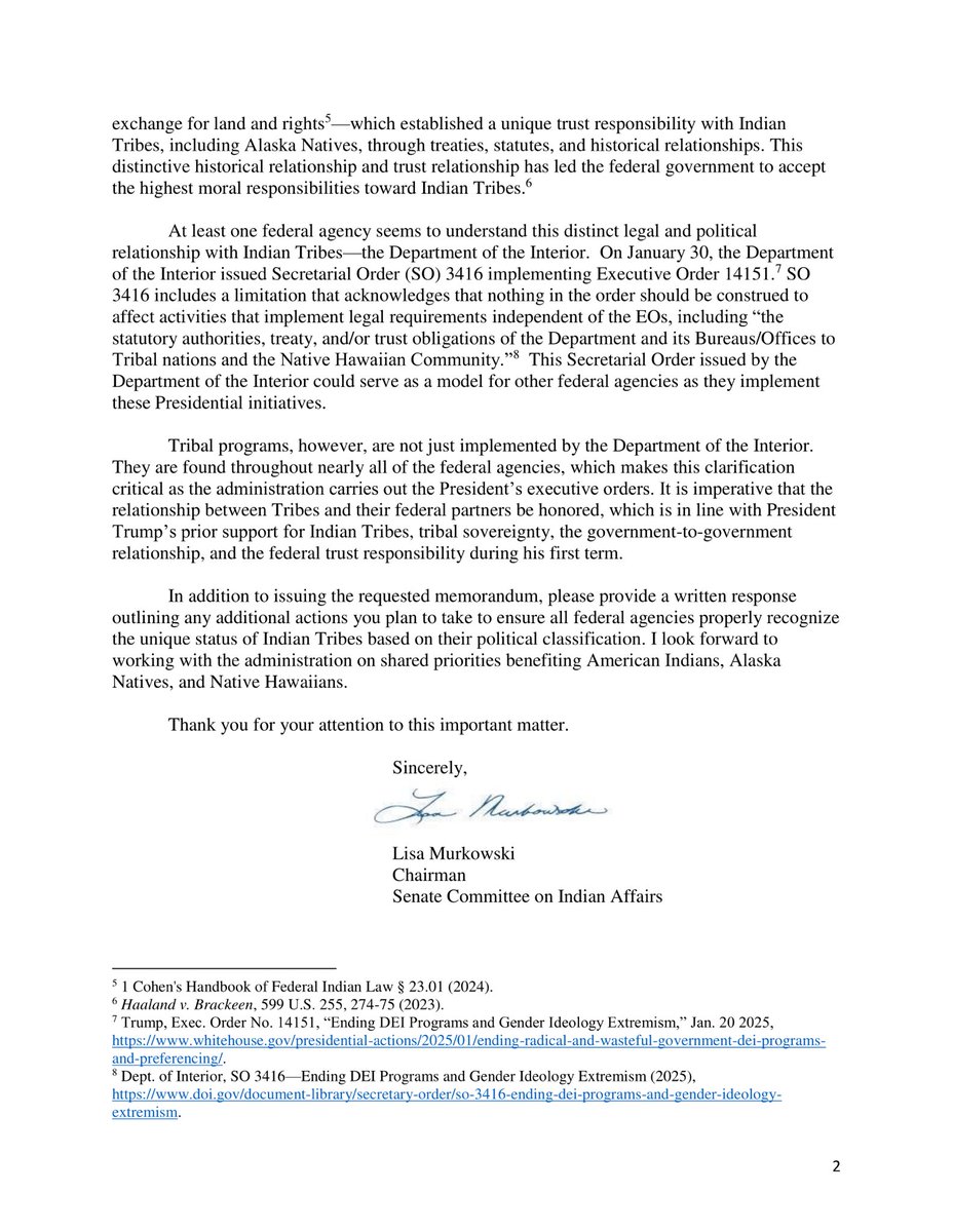 “Tribes are classified as political entities because of their longstanding history as
sovereign nations that existed before the US was formed”: Sen. Lisa Murkowski (R-Alaska) calls on Trump administration to protect federal funds owed to tribes under trust &amp; treaty relationship.