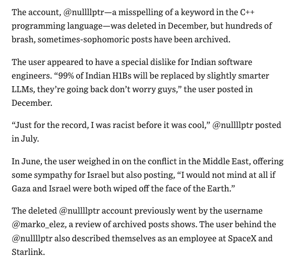 Marko Elez is the first of Elon Musk's DOGE boys to resign after the Wall Street Journal uncovered racists posts including ones where he "advocated repealing the Civil Rights Act" &amp; backed a "eugenic immigration policy”

Elez previously worked at SpaceX and currently works at X