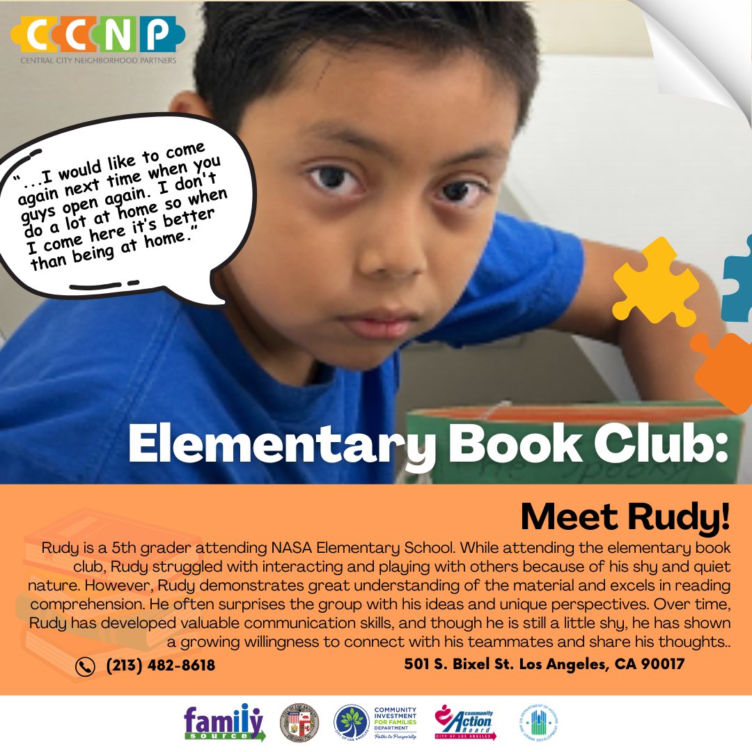 LACCNP's tweet image. 📚 Meet Rudy! A 5th grader at NASA Elementary, Rudy has grown in confidence through our Elementary Book Club.

He shares:
"When I come here, it's better than being at home."
📍 501 S. Bixel St., LA 📞 (213) 482-8618

#CCNP #BookClub #ReadingMatters