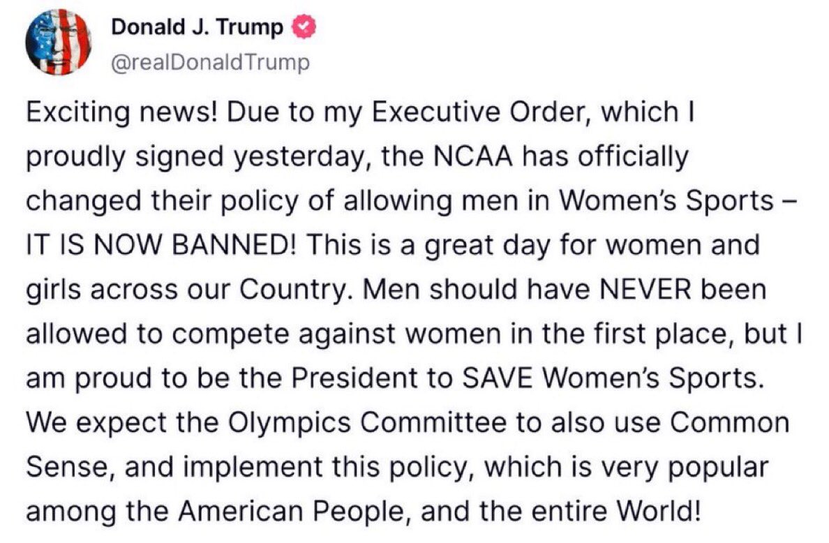 🚨 JUST IN: President Trump posts message following NCAA banning men from competing in women’s sports