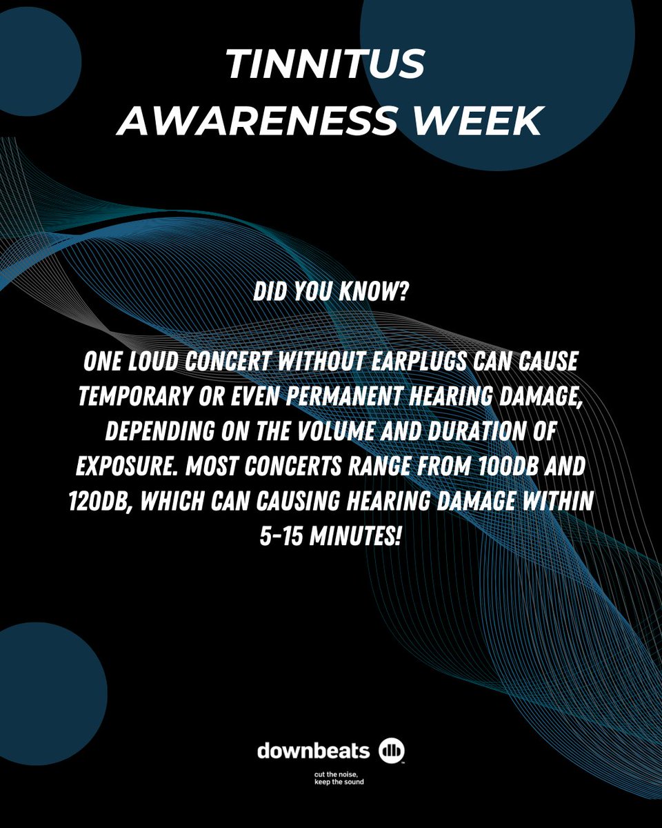 downbeats's tweet photo. TINNITUS AWARENESS WEEK 

DID YOU KNOW? ONE LOUD CONCERT WITHOUT EARPLUGS CAN CAUSE TEMPORARY OR EVEN PERMANENT HEARING DAMAGE, DEPENDING ON THE VOLUME AND DURATION OF EXPOSURE. MOST CONCERTS RANGE FROM 10ODB AND 120DB, WHICH CAN CAUSING HEARING DAMAGE WITHIN 5-15 MINUTES https://t.co/xHuwcYY8Gm