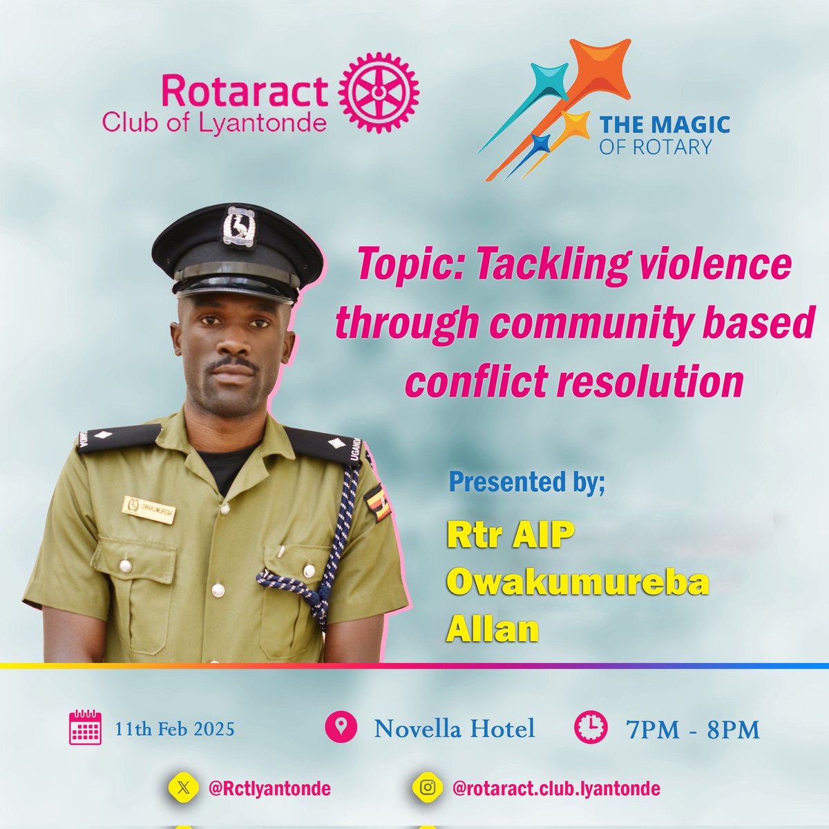 Rctlyantonde's tweet photo. Our own, AIP Owakumureba Allan will be taking us through best practices on tackling violence through community efforts, on Tuesday 11th Feb. 
Join us. 🤝🤝🤝🤝
@RctMasaka @LyantondeLocal @RCmasakaCity https://t.co/BzmD8zXLK6