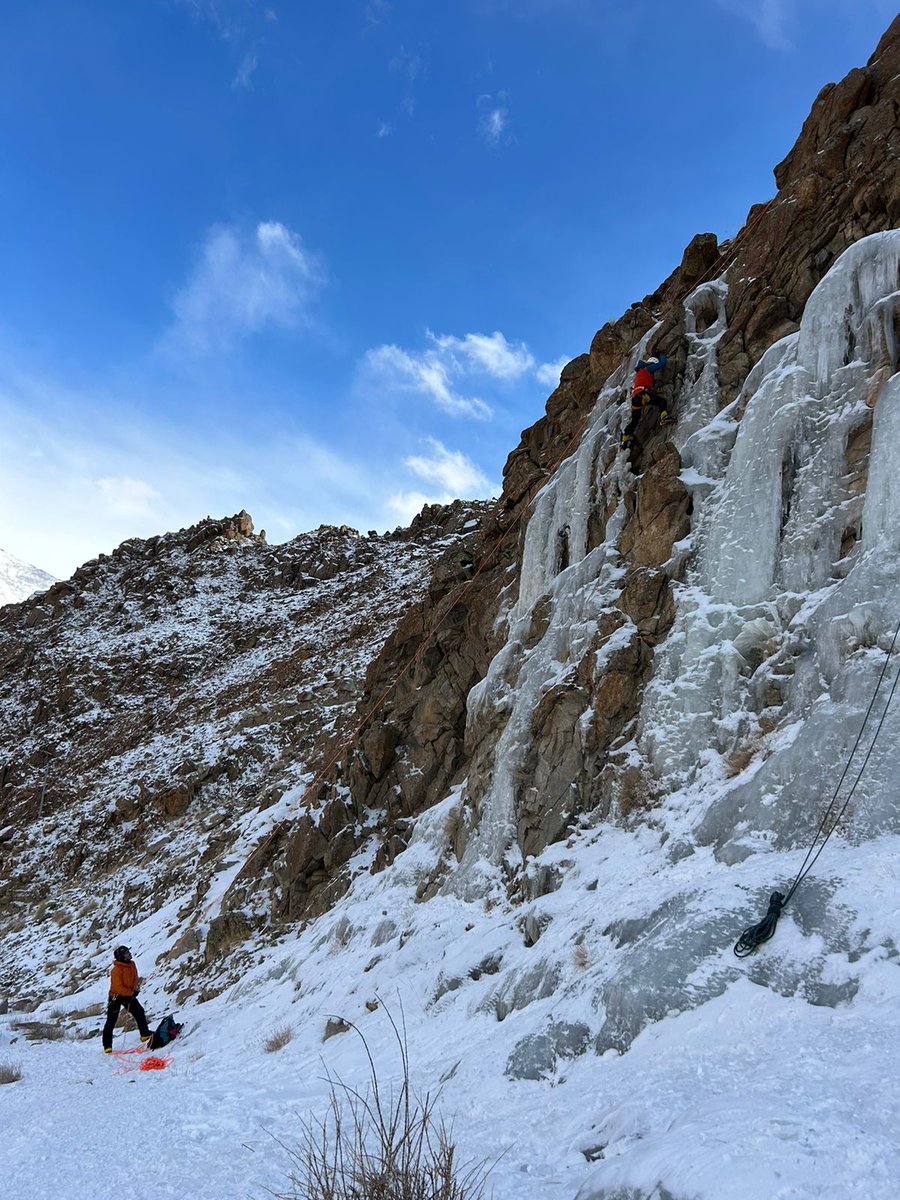 Ice climbing in Ladakh is a thrilling winter adventure! 🧊⛏️ From Dec-Feb, frozen waterfalls &amp; ice walls in #Gangles, #Khaltse &amp; #Nubra Valley become climbers' paradise. "Ladakh Ice Climbing Festival" held annually in Feb! ❄️🏔️  #Adventure #Ladakh #IceClimbing