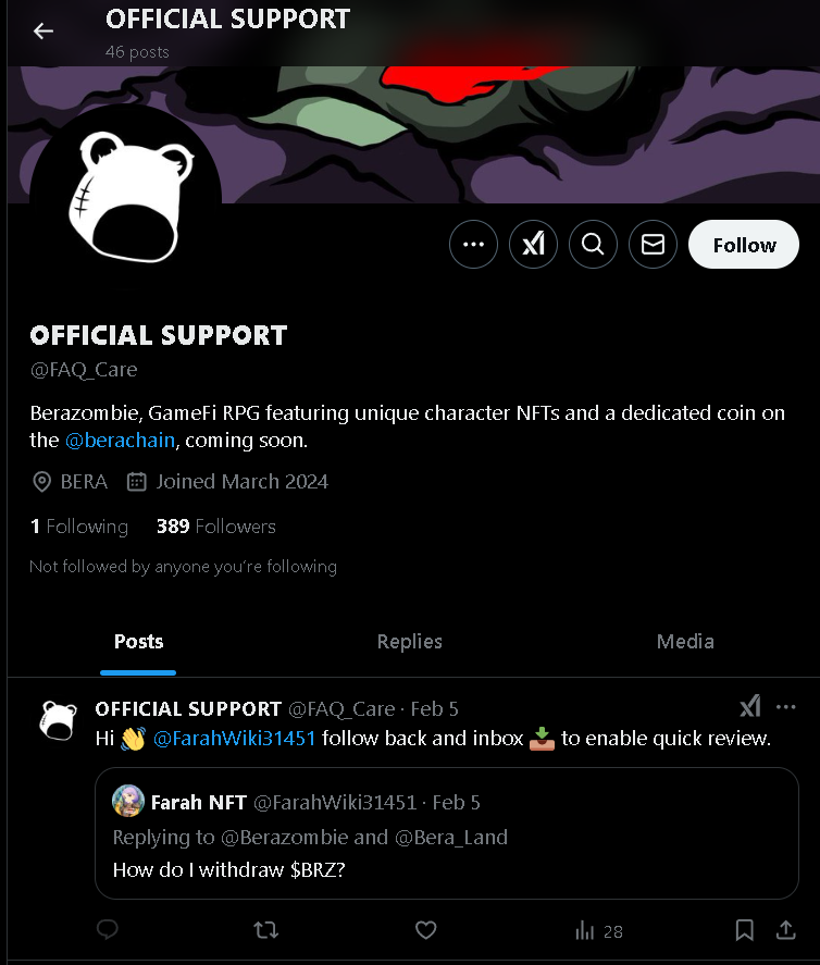 Scammer alert!🚨🚨🚨

That account is pretending to be the Berazombie support team. As of now, Berazombie only has one official account, and this is the only real one