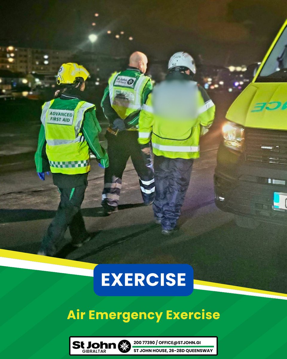 SJAGibraltar's tweet photo. Monday saw our team of volunteers once again taking part in a LIVEX. This time it was a multi-agency live exercise in the evening on the runway, to test the response to an airfield emergency 💚 https://t.co/XYA1hcG5jb