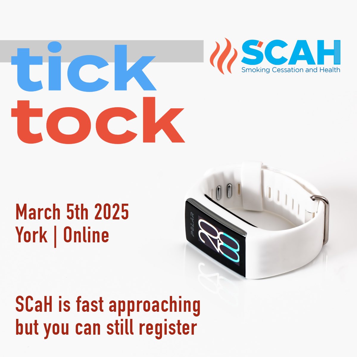 Don’t miss out. There is still time to register for #SCaH2025. Join us in-person in York, or online, on 5th March 2025. 

Register here: smokingcessationandhealth.co.uk/register/

We hope to see you at SCaH 2025.