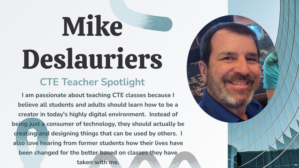 We’re highlighting Mike Deslauriers, our CTE Computer Science Pathway teacher and Computer Science Teacher of the Year! He creates incredible learning experiences for students and prepares them for the future of tech.

Check out our Computer Science CTE program and apply today!