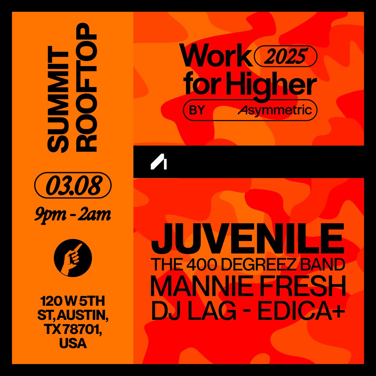 partywithdirty's tweet photo. 🔥 JUST DROPPED: Juvenile and Mannie Fresh (!!!) at #SXSW for the ‘Work For Higher’ party with Asymmetric

📆 Saturday 3/8, 9pm-2am
📍 Summit Rooftop, 120 W. 5th

RSVP: https://t.co/PI0yqTOA1o

Go! https://t.co/r0v7iogDuj